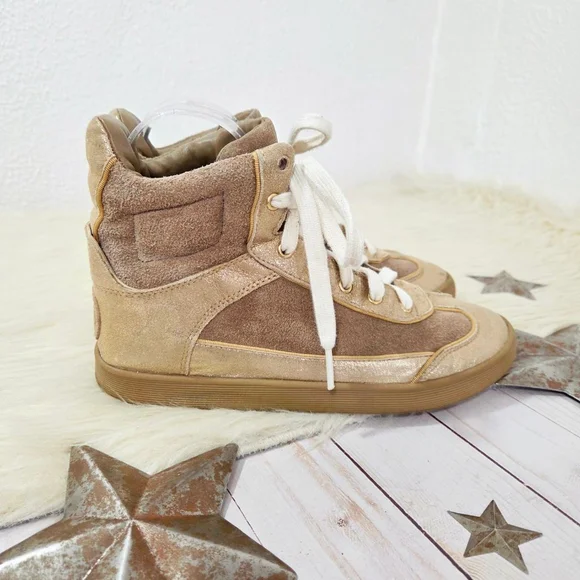 Tory Burch Evelin high top sneakers Sahara Gold metallic leather women's size 7 - Picture 3 of 9